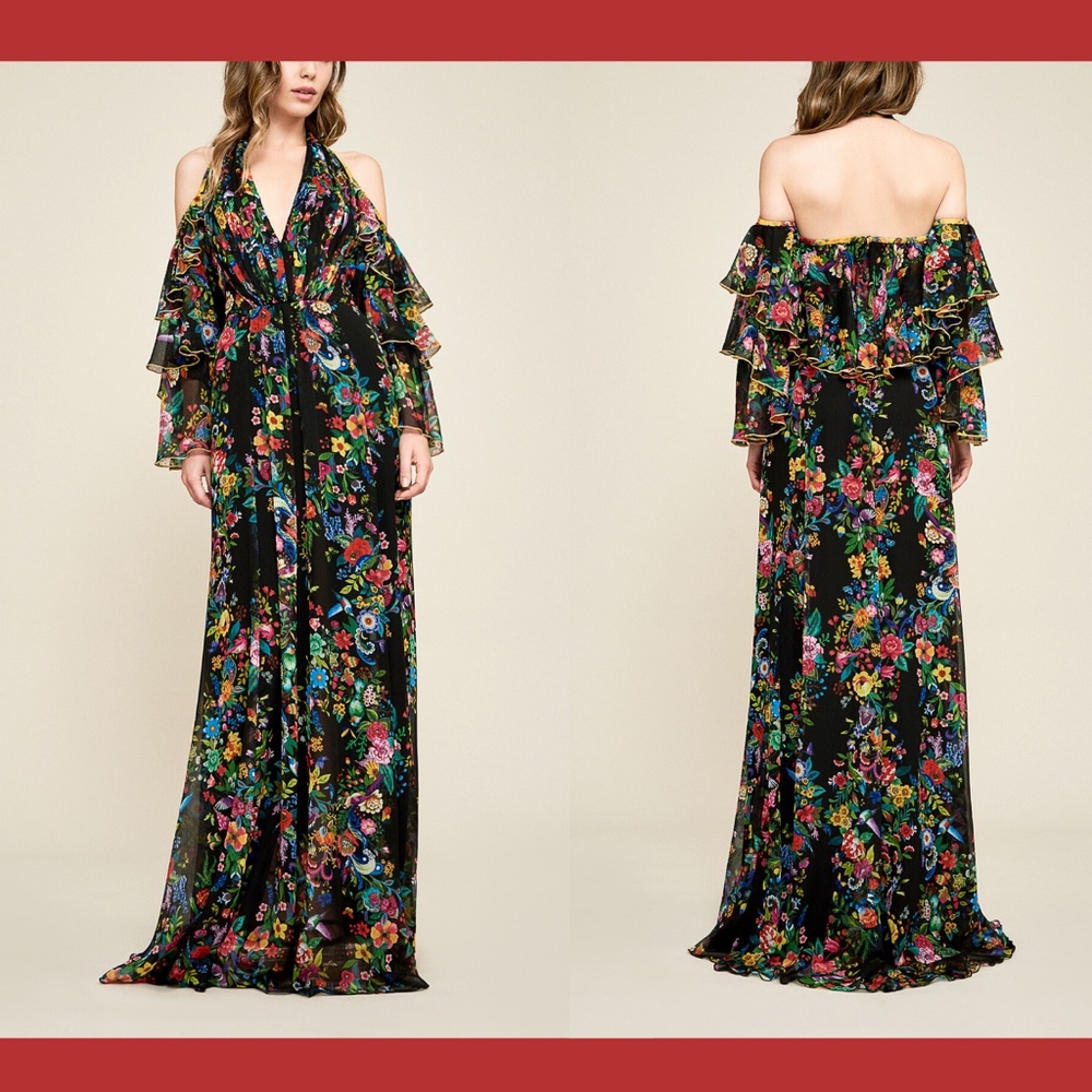 NEW $608 Tadashi‎ Shoji Sunniva Cold Shoulder Chiffon Gown [SZ 00 ]